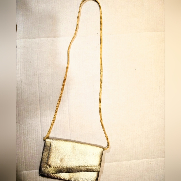 Metallic Gold Purse, Snap Shut And Open Compartment With Pocket, Strap - Picture 3 of 7